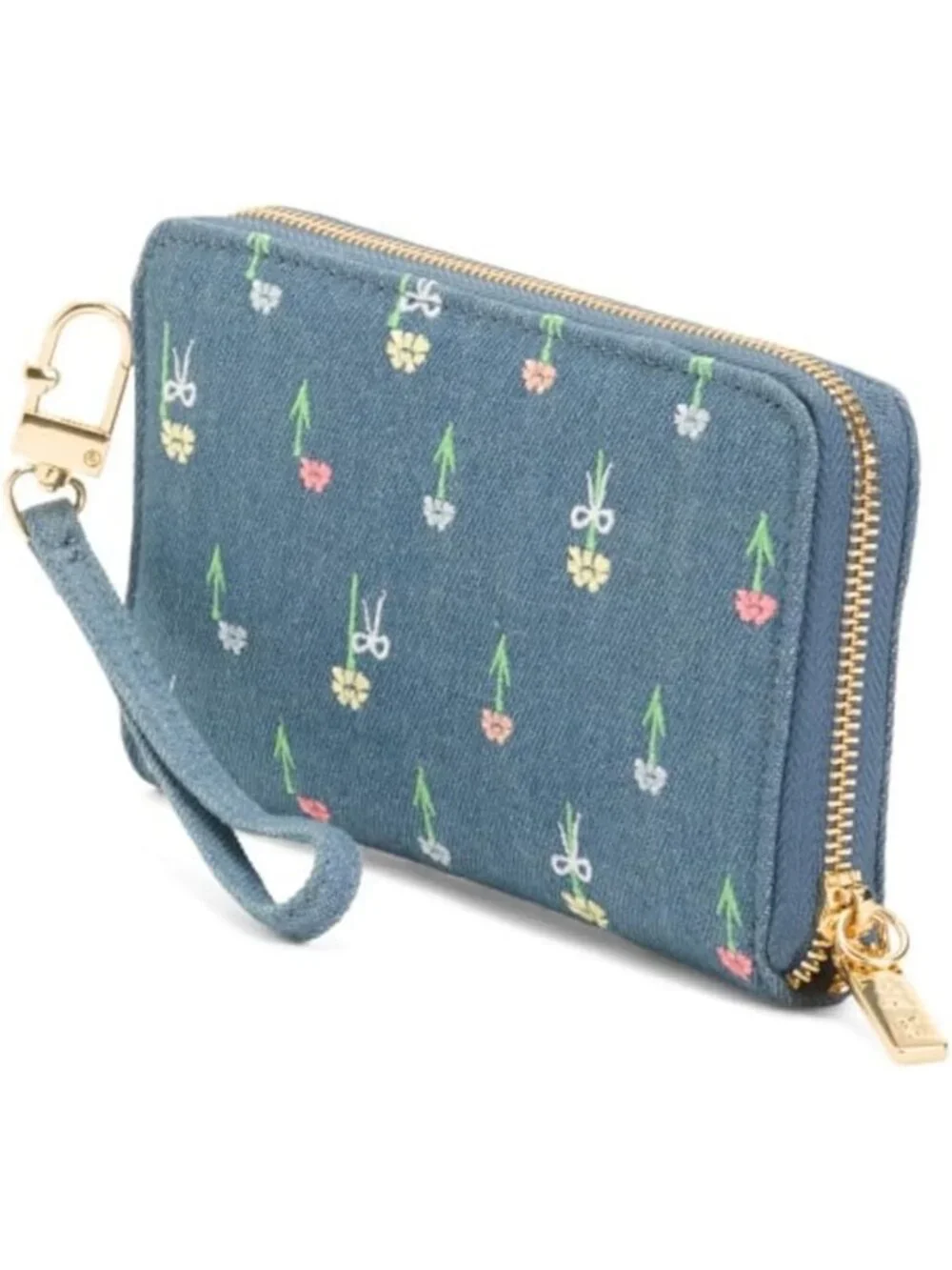Floral Embroidered Denim Zip Wallet with Wristlet Strap - Stylish Blue